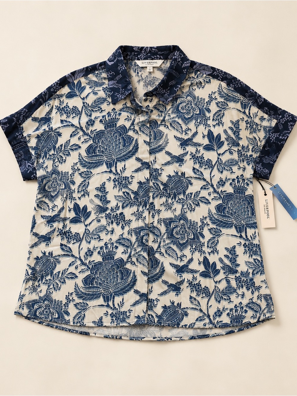 Liverpool Women's Short-Sleeve Floral Button-Down Shirt in Blue and White